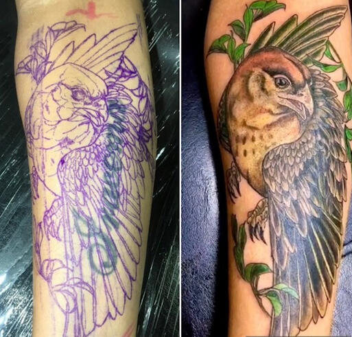 Antes de cobertura de tatuagem antiga realizada por especialista em Cover Up no Eldorado.