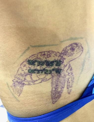Antes de cobertura de tatuagem antiga realizada por especialista em Cover Up no Eldorado.